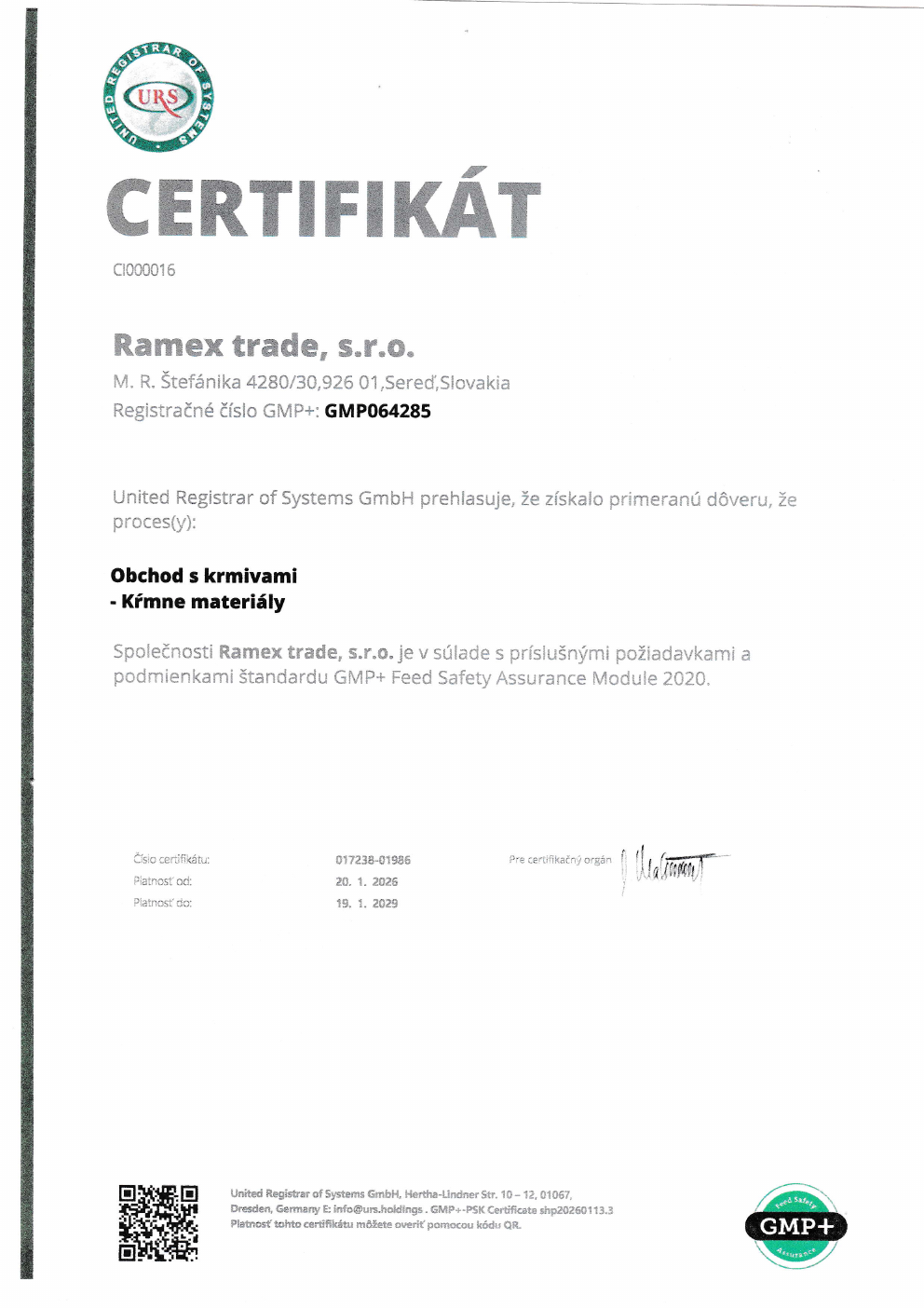 Titulná strana certifikátu GMP+
