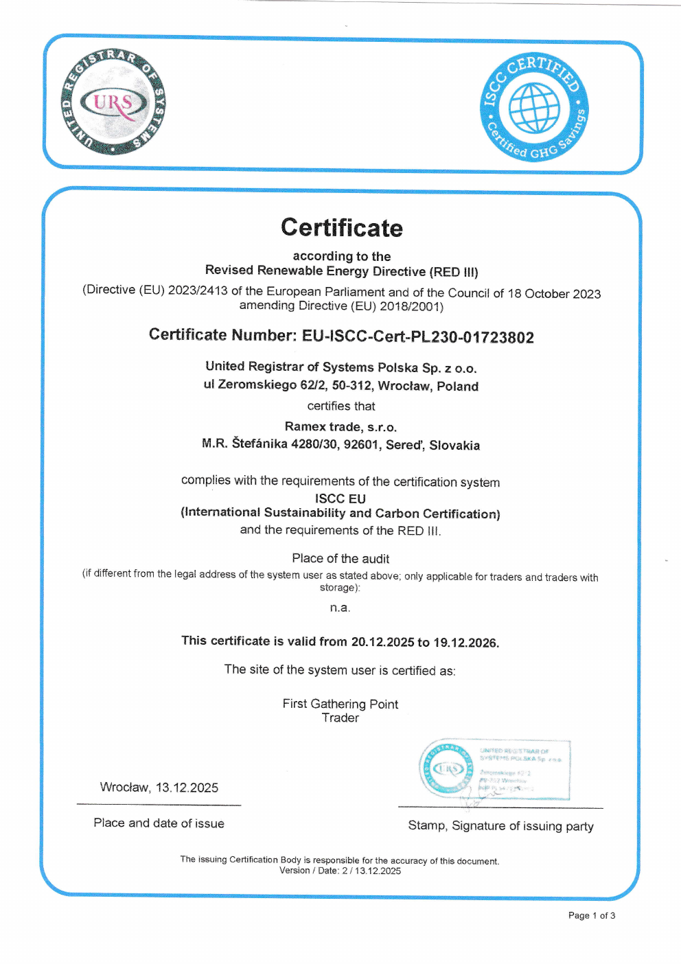 Titulná strana certifikátu ISCC EU