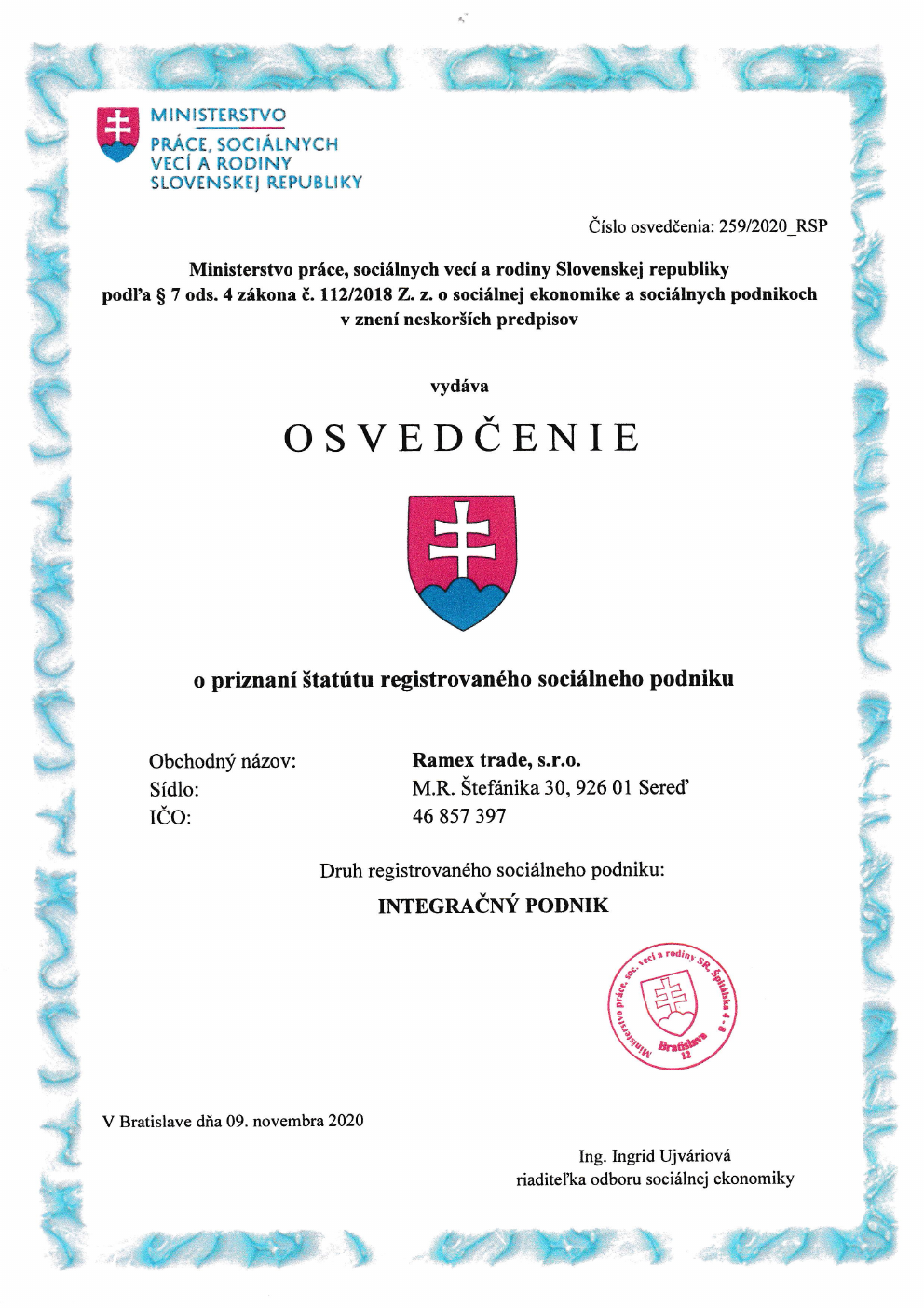 Titulná strana osvedčenia registrovaného sociálneho podniku