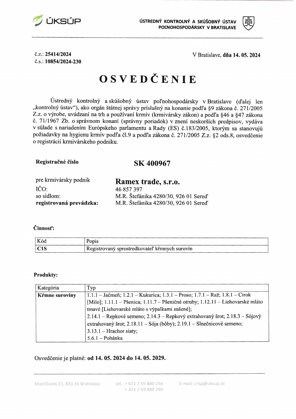 Titulná strana osvedčenia ÚKSÚP